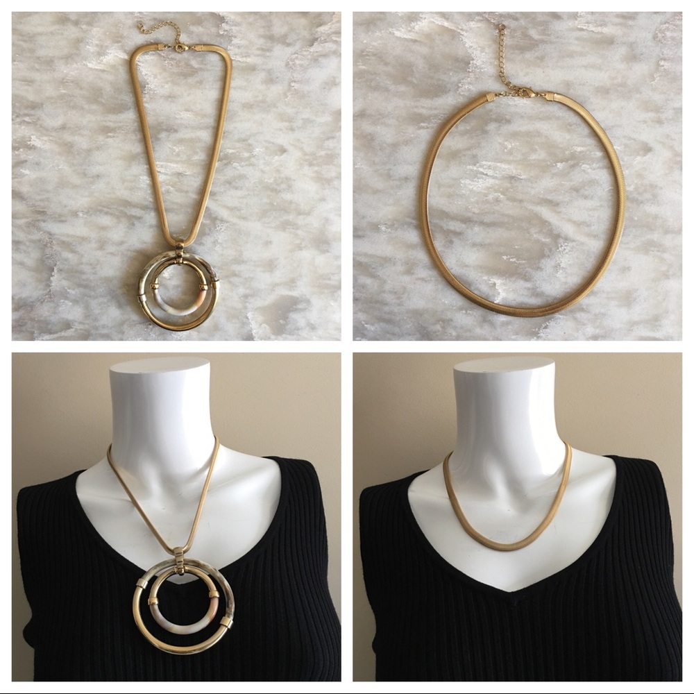Gold Snake Chain Necklace w/ Removable Double Circle Pendant | 2-in-1 Statement